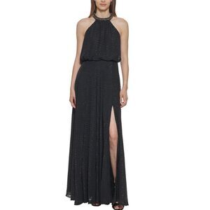 Calvin Klein Black Embellished Halter Floor Length Formal Dress - Size 12